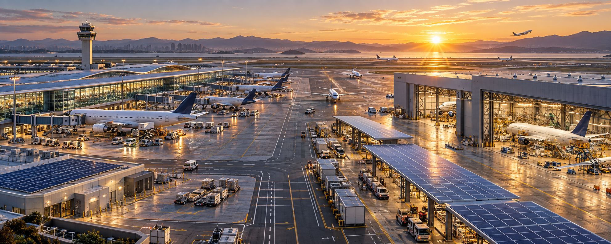 Concept of an airport apron and aircraft maintenance hangars at sunrise
