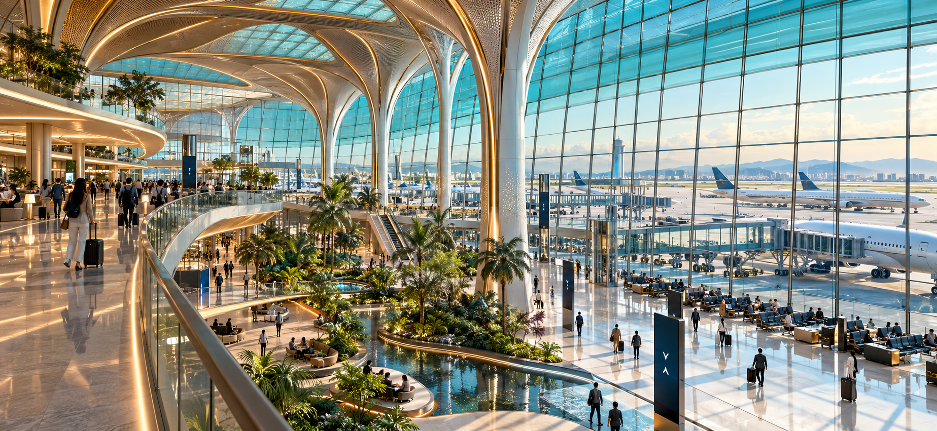 Concept of an airport concourse with a long-span roof and planted interior