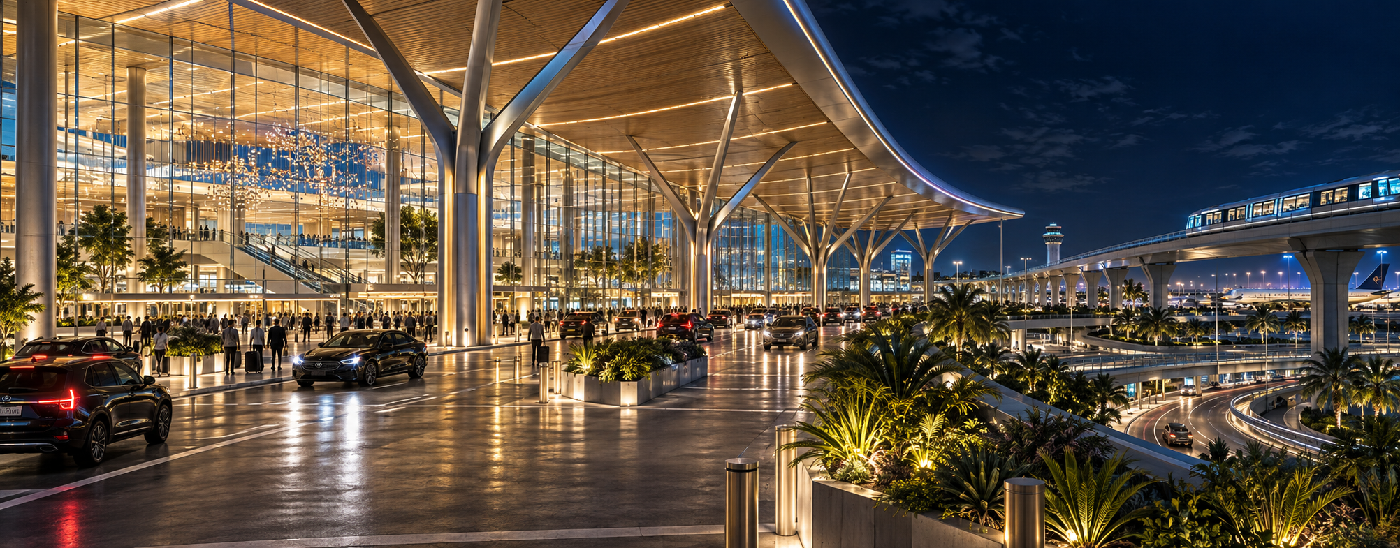 Concept of an illuminated airport entrance and covered arrivals at night