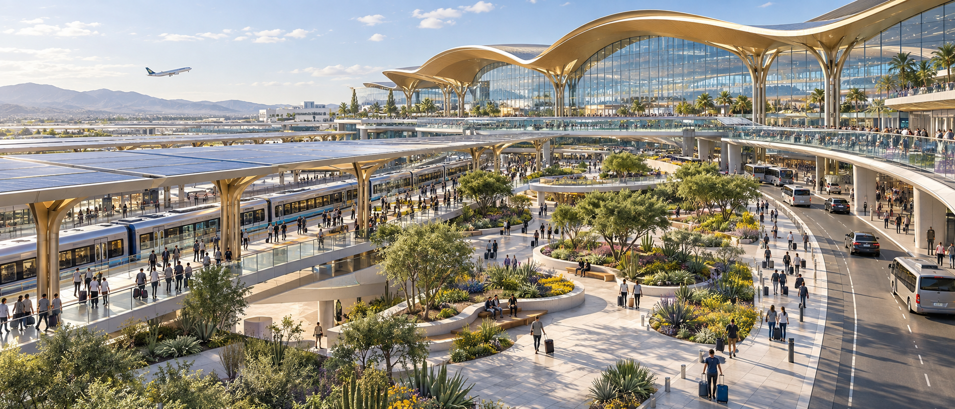 Concept of an airport terminal linked to rail and a landscaped public plaza