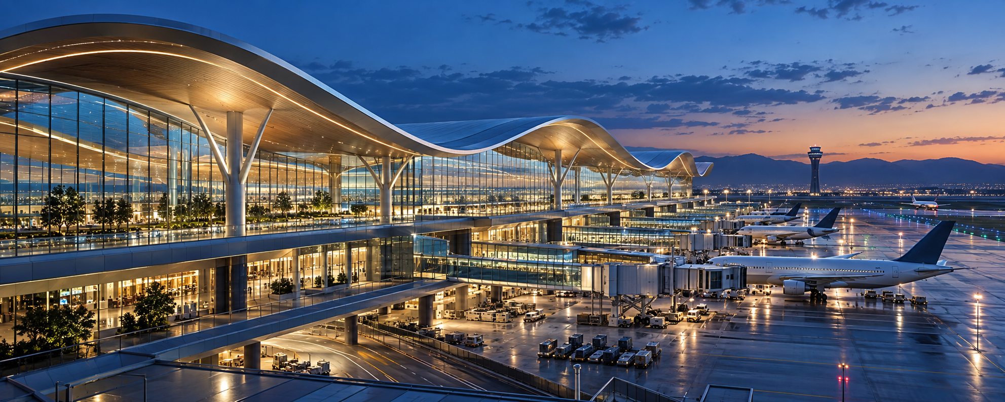Concept of a glass airport terminal at dusk