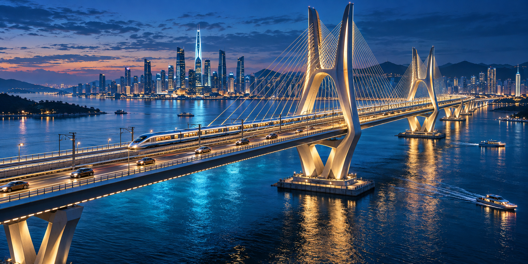 Concept of a cable-stayed bridge with road and rail