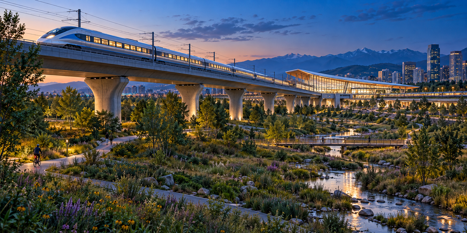 Concept of high-speed rail elevated above a planted corridor and paths