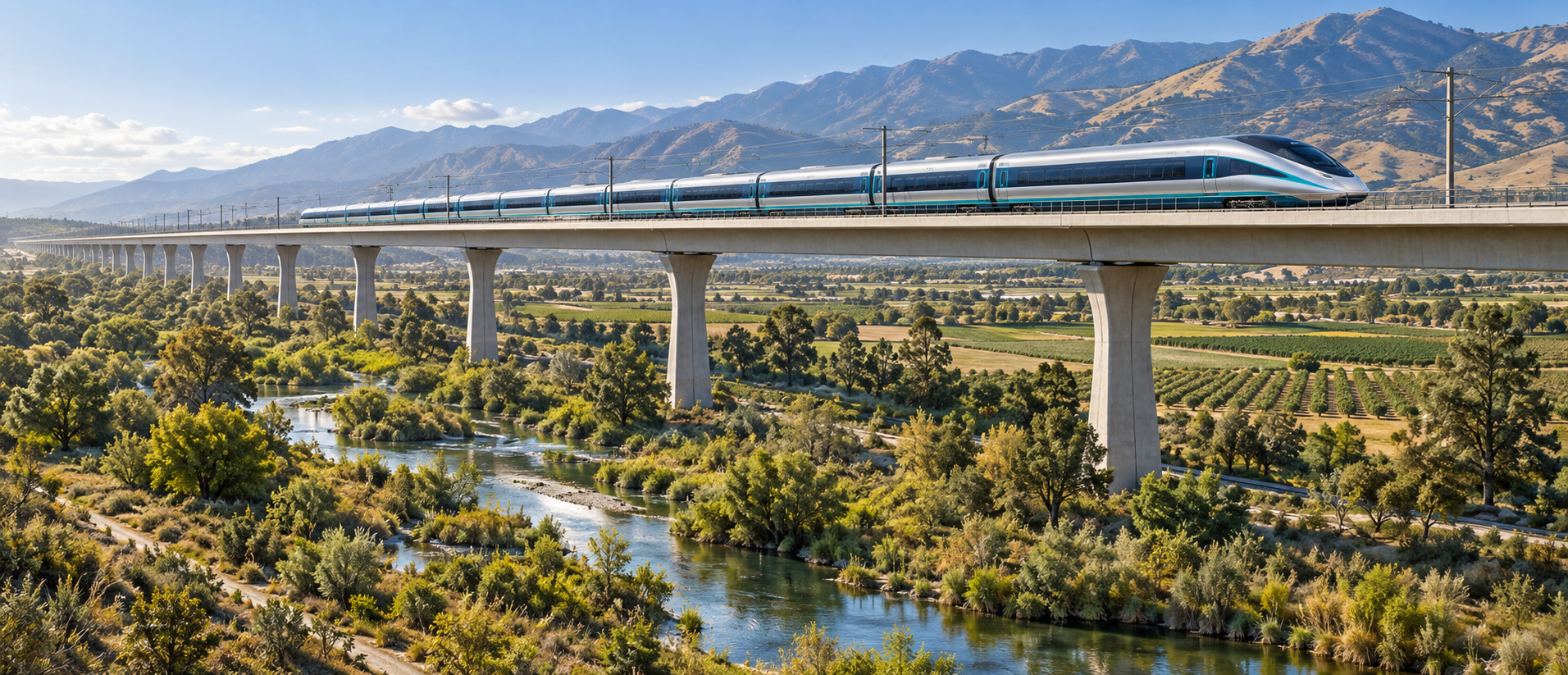Concept of an elevated high-speed train over vegetated valley land