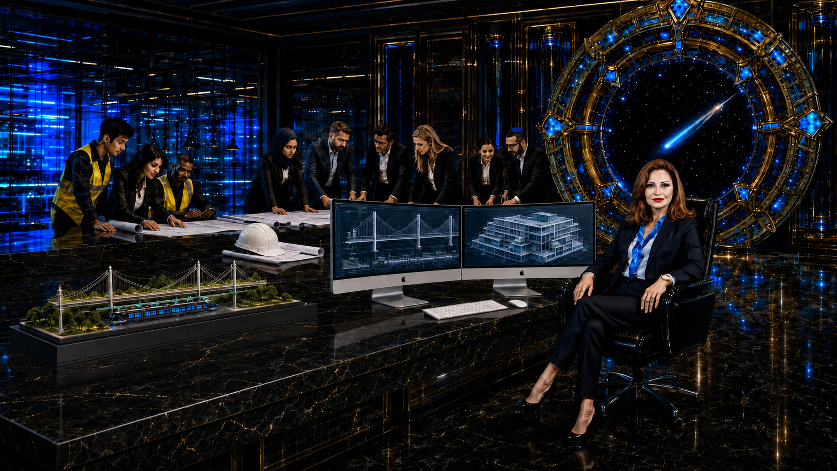 Farrah P. Taylor leading a crisp dimensional inclusive engineering team at a curved dual CAD workstation beside a compact green bridge and hovering train model and a monumental Stargate with shooting star