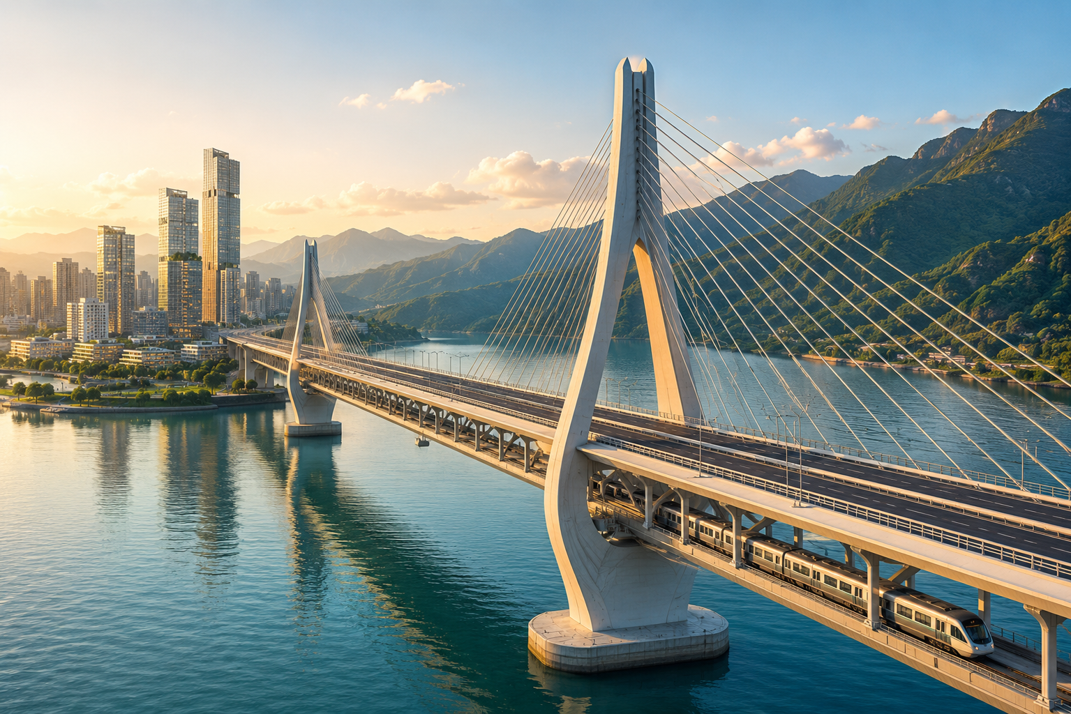 Futuristic bridge with an integrated subway train traveling beneath the main deck