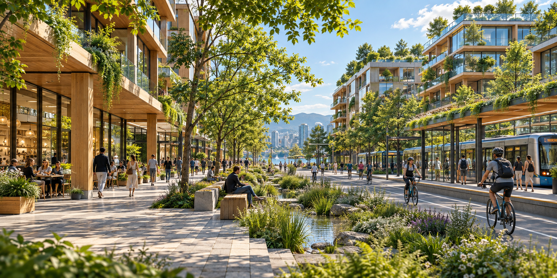 Concept of planted mid-rise buildings beside a shaded transit and pedestrian street