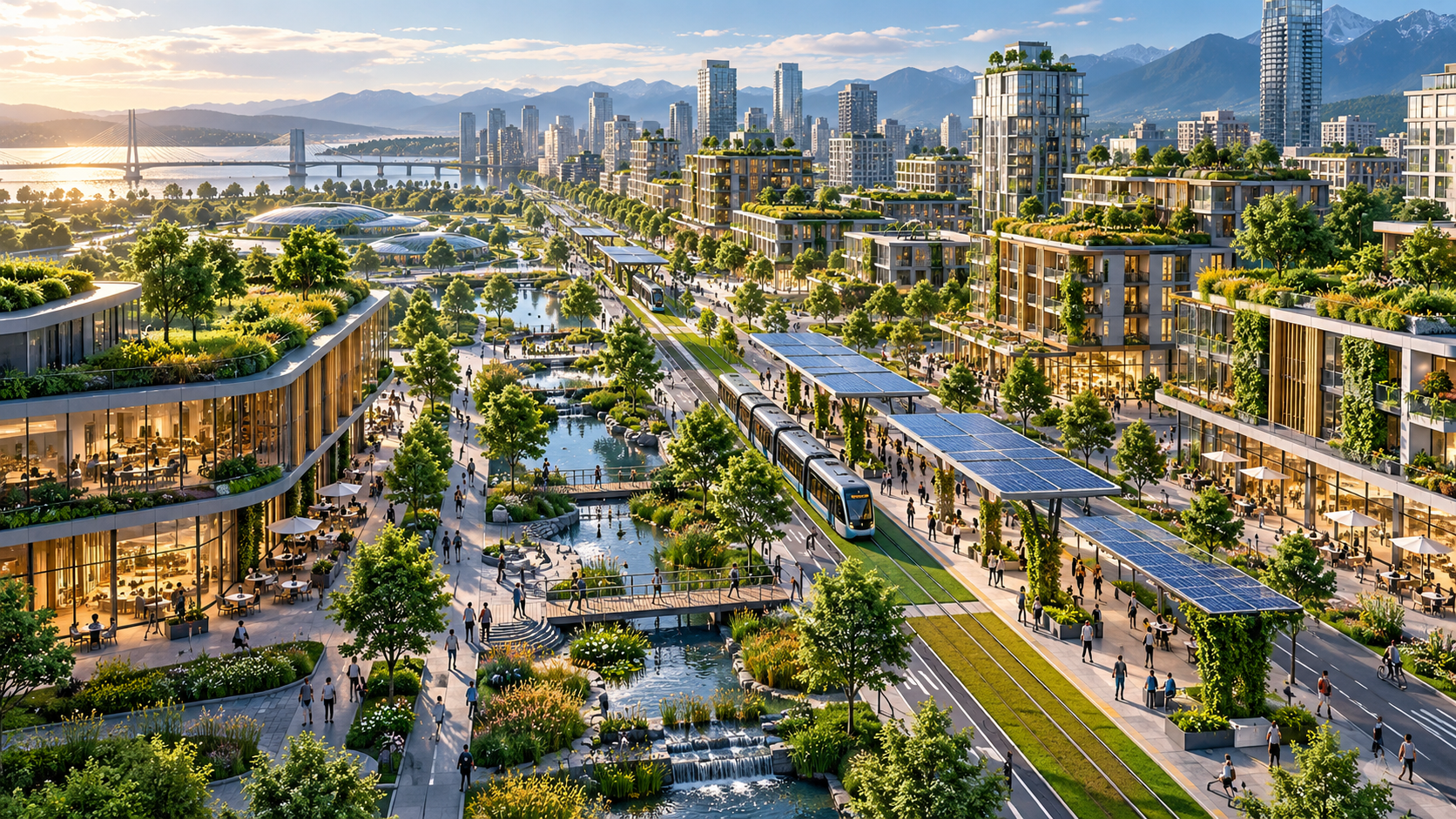 Concept of a city with green roofs, public space and transit