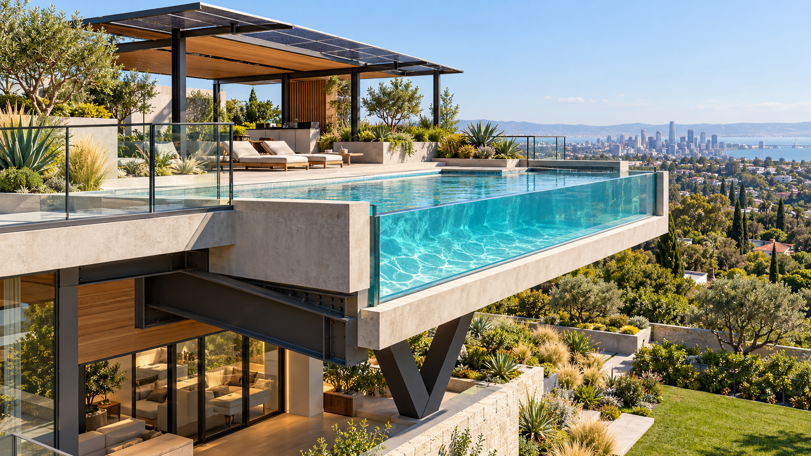 Concept rooftop pool with a transparent glass side and visible support structure