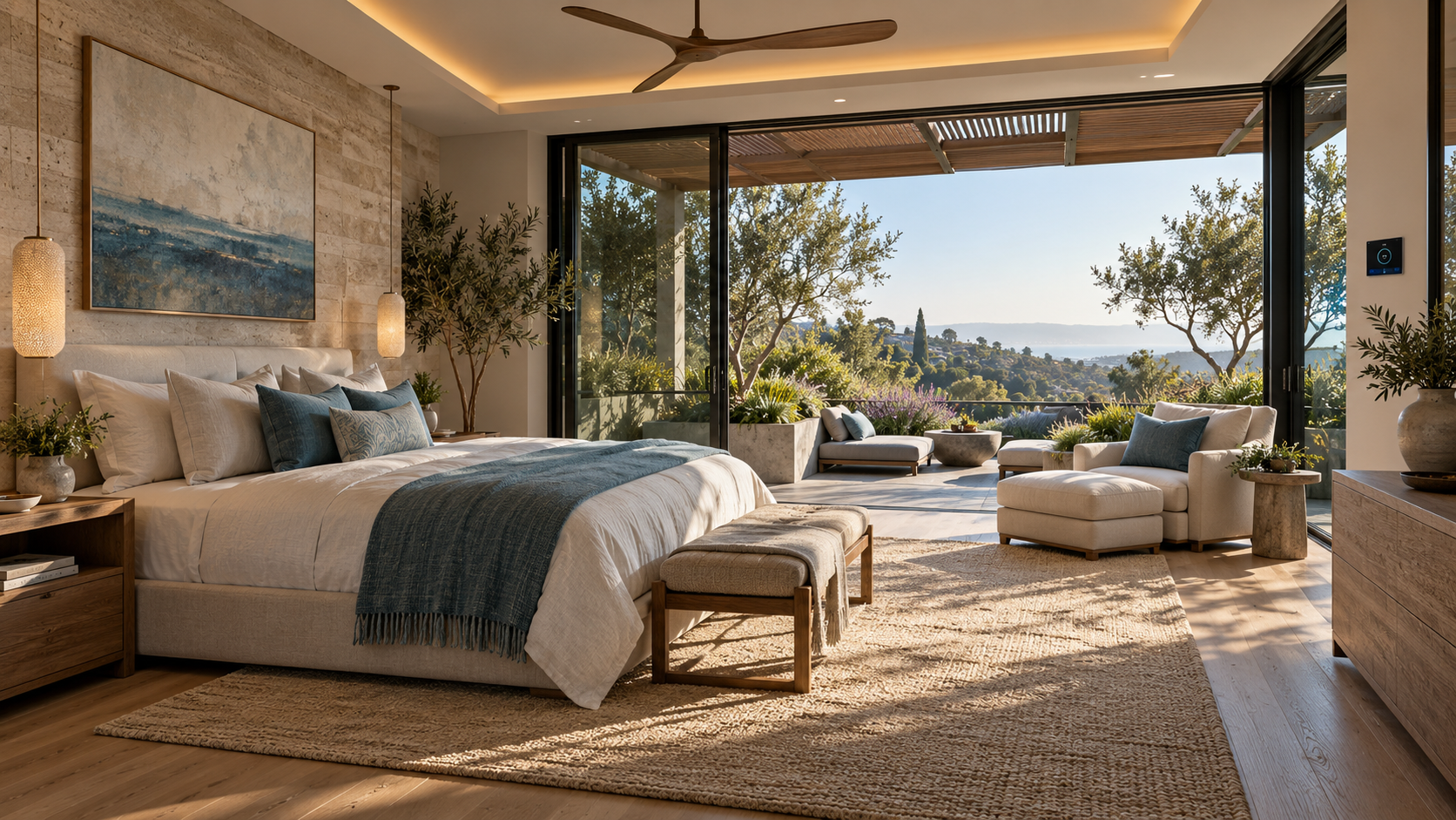 Concept bedroom suite opening onto a planted terrace with discreet smart controls