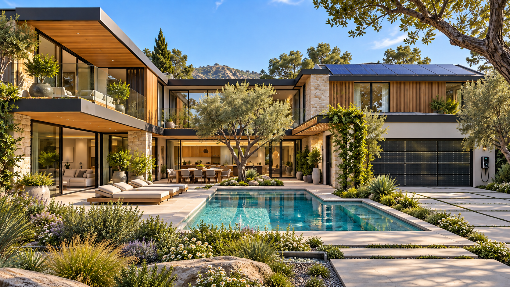 Five-bedroom courtyard smart home concept with solar-glass garage