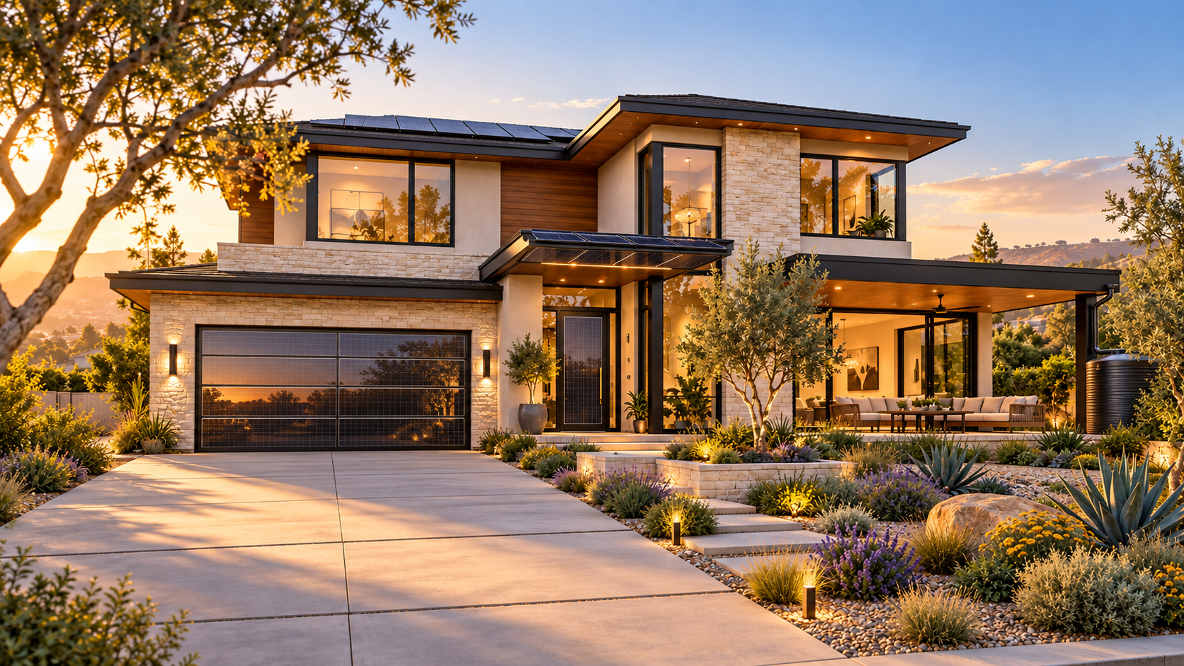 Four-bedroom smart home concept with solar-glass garage and entrance doors