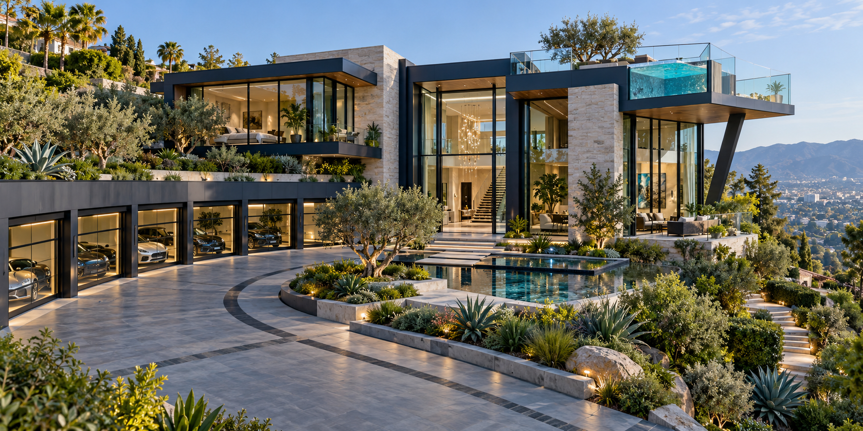 Five-bedroom estate concept with grand entrance, multi-bay garage and glass-edge rooftop pool