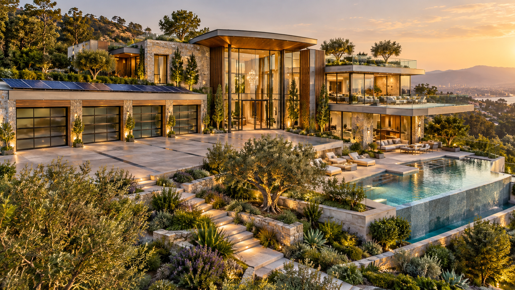 Four-bedroom estate concept with grand glass entrance, multi-bay garage, lush landscape and pool