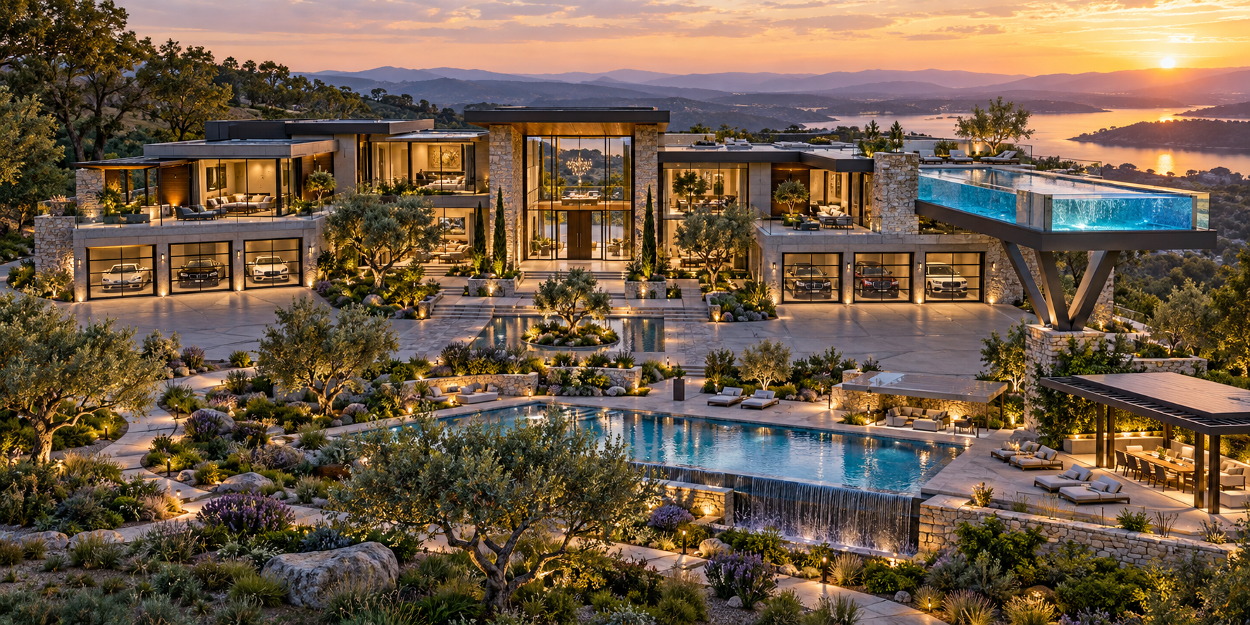 Six-bedroom estate concept with six garage bays, grand entrance, lush landscape and rooftop pool