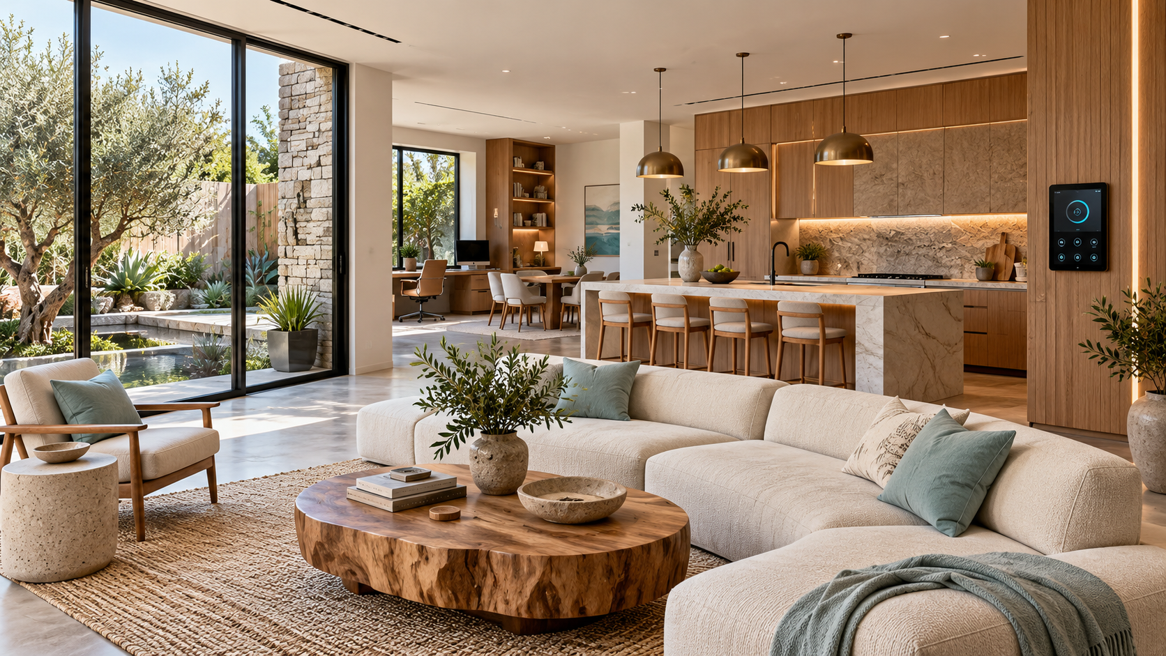 Concept interior with open living, kitchen, courtyard views and discreet smart controls