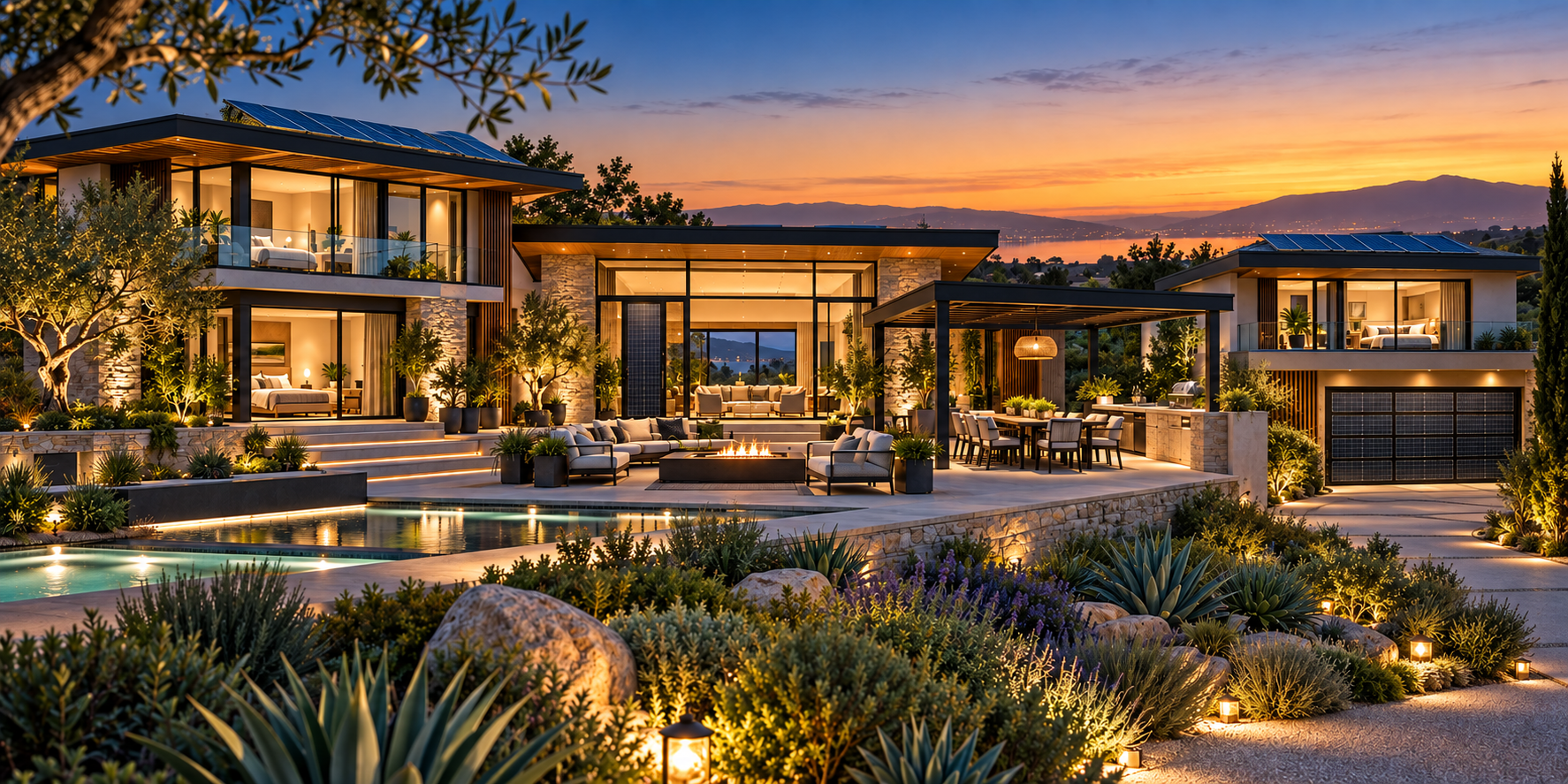 Six-bedroom multigenerational smart home concept with solar-glass garage